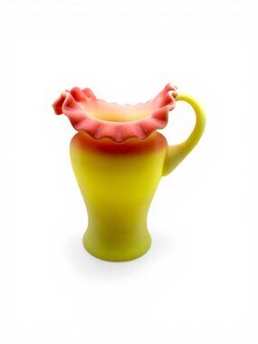 Fenton Burmese Miniature Pitcher Creamer – Satin Glass Ruffled Rim – Yellow Pink